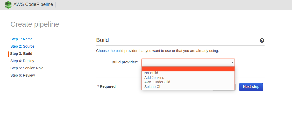 Showing Dropdown asking for CodeBuild implementation ex. No Build,Add Jenkins,AWS CodeBuild,Solano CI