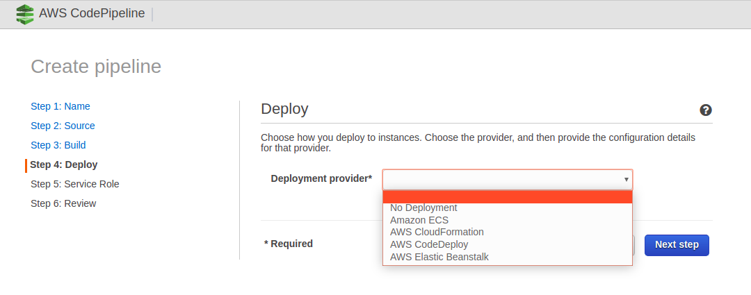 Showing Dropdown of supported codeDeploy / Continuous Deployment platform